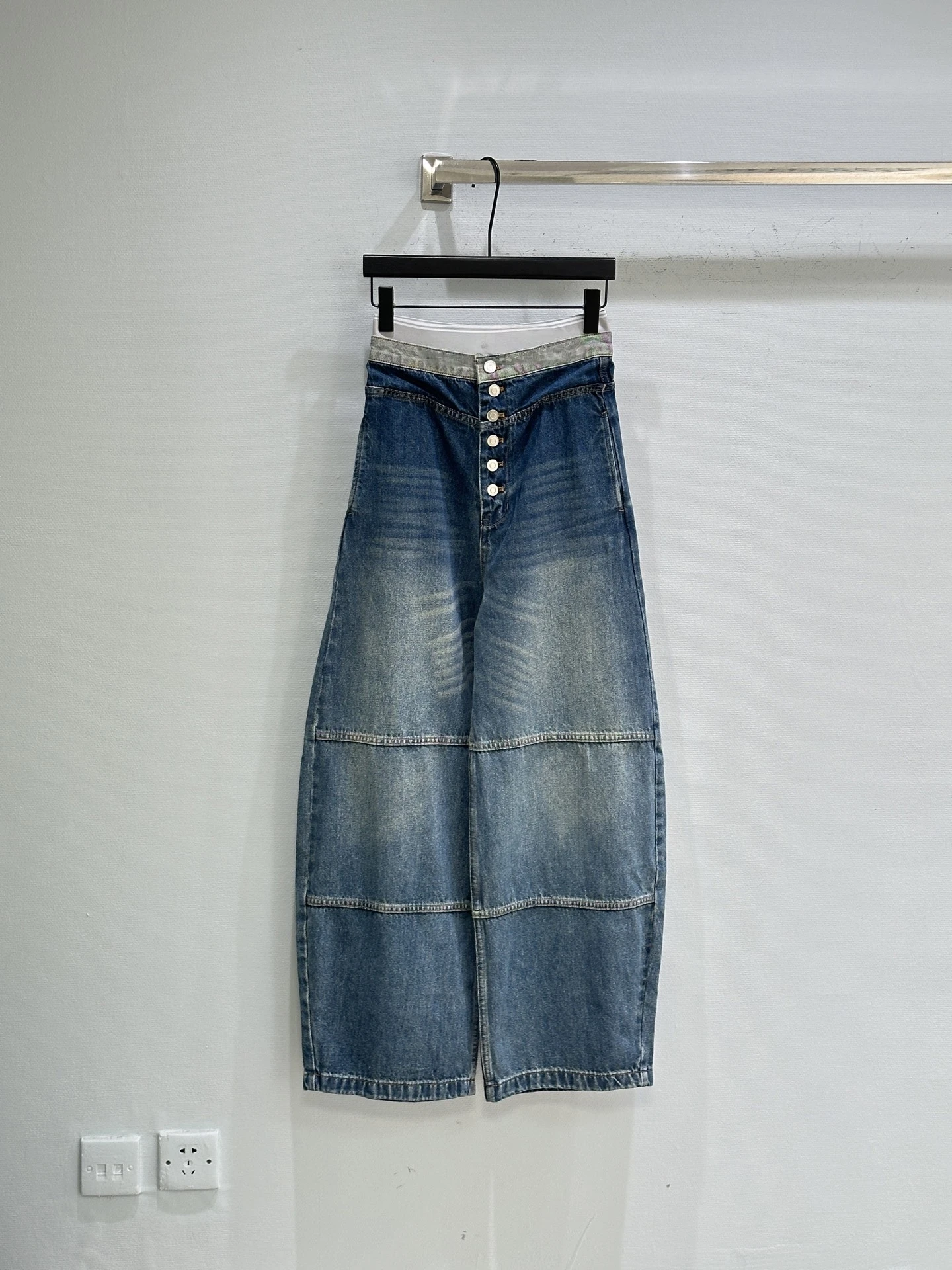 

Retro Washed Denim Patchwork High Waist Wide Leg Jeans Segmental Sewing Line Cut Ladies Summer Jeans Micro Stretch Denim Pants