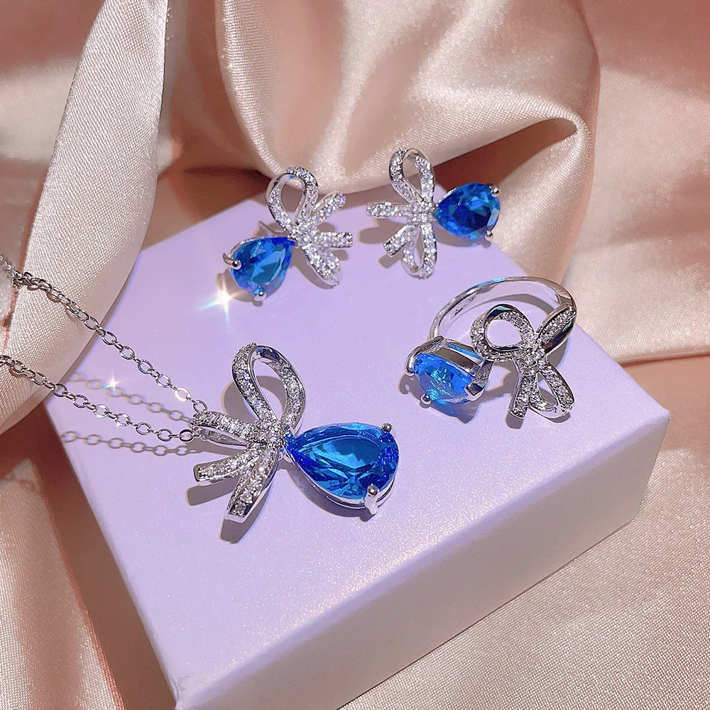 925 Silver Versatile Exquisite Bow Blue Zircon Water Drop Ring Necklace Set Temperament Fashion Zircon Party Birthday Jewelry