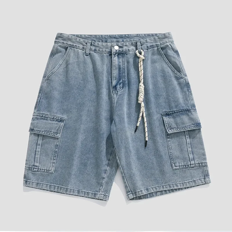 Summer Japanese Denim Shorts Cotton Loose Multi Pocket Shorts Men Short Blue Pants Casual Washed Cropped Short Jeans Plus Size