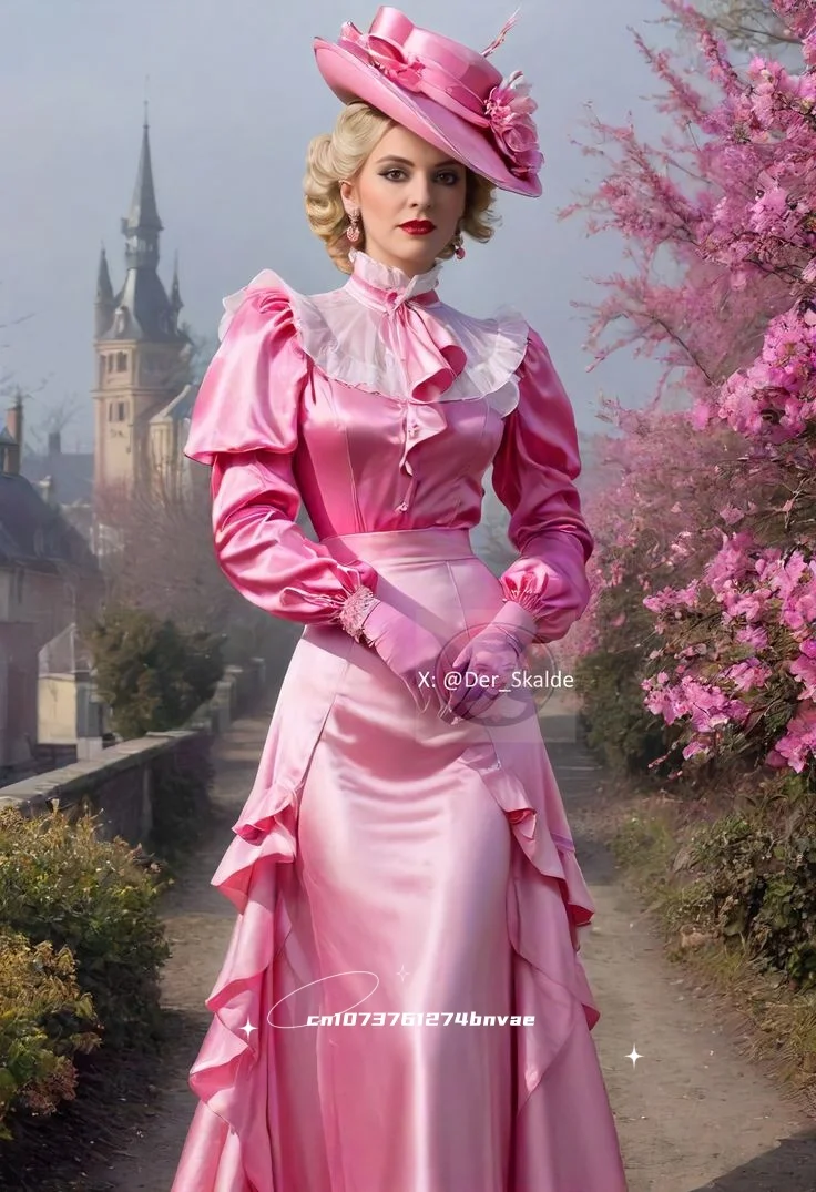 Vintage viktorianisches rosa Ballkleid mit hohem Kragen, Puffärmeln, langes Satin-Abendkleid, Kleid aus dem 19. Jahrhundert im Stil des Amerikanischen Bürgerkriegs, maßgeschneidert