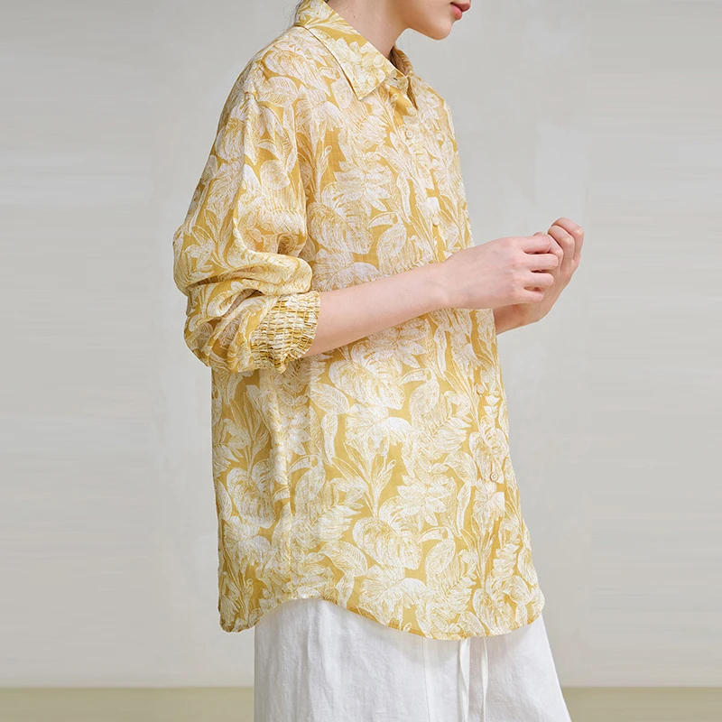 100% leinen Frauen Langarm-shirt Neue Ankunft 2025 Frühling Vintage Stil Floral Print Lose Weibliche Casual Tops Shirts M1558