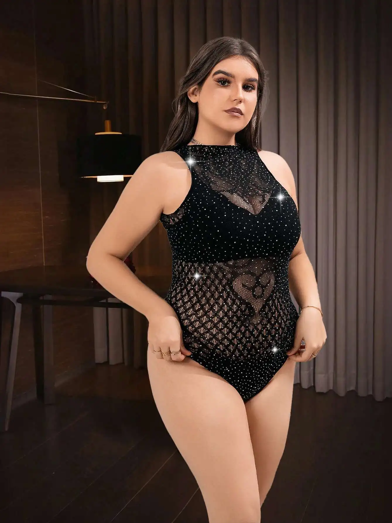 

Backless Deep V Hanging Neck Sleeveless Bodysuits Transparent Heart Print Lace Mesh Shine Bodysuits Charming Elegant Thin YSG9