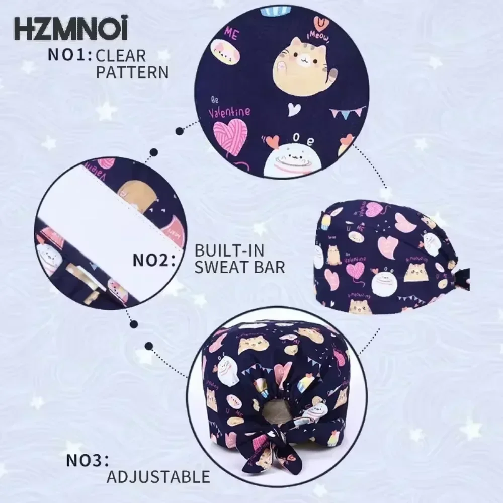 HZMNOI 100% Cotton Surgical Caps Printed Tieback Elastic Section Nurse Scrub Cap for Men Women Hospital Medical Hats New Arrival - Image 3