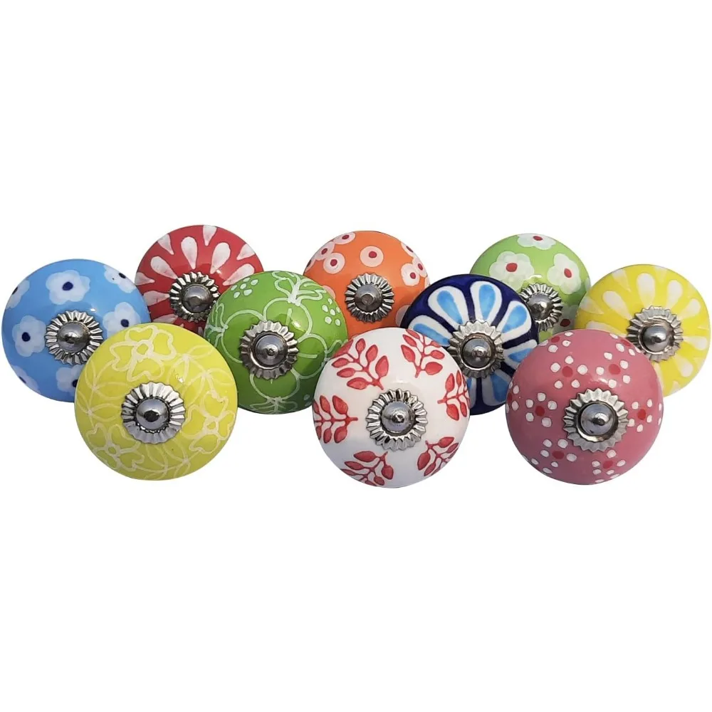 

Винтажные разноцветные керамические ручки-кнопки ручной росписи для кухонных шкафов и ящиков, набор из 10 штук