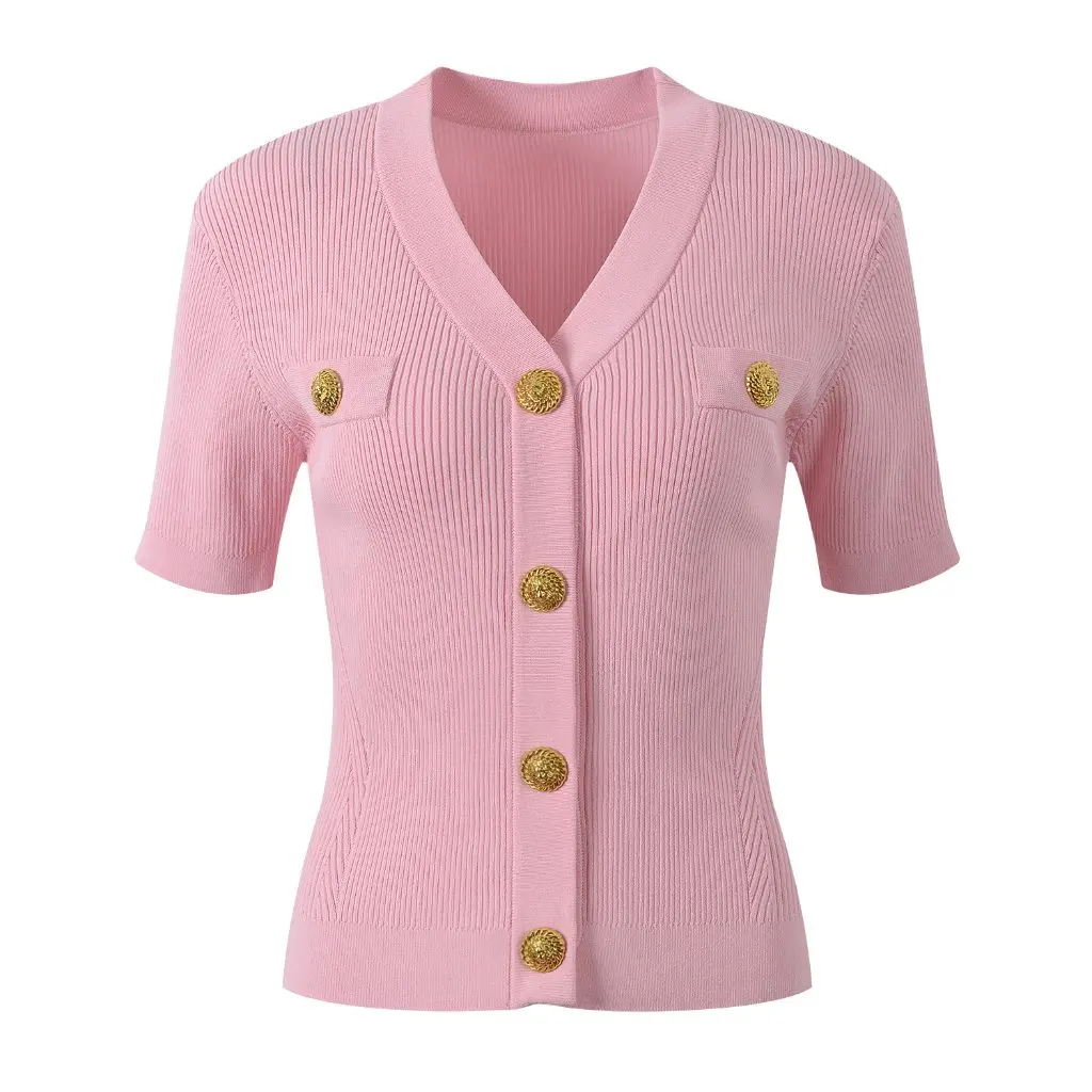 

Summer New Inspired V-neck Cardigan Slim-fit Metal Buckle Detail All-match Short Sweater Top for Women