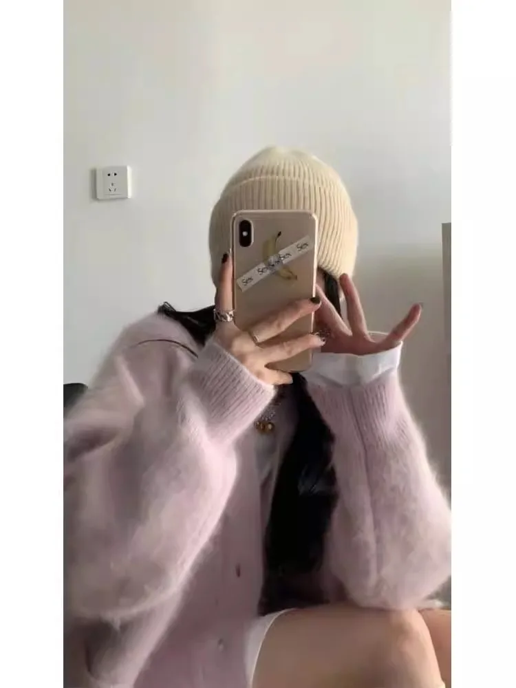 

Soft Wind American Sle Loose Mink Sweater Coat Autumn Winter Design Sense Mid-Length Knitted Open Cardigan Women's Faion
