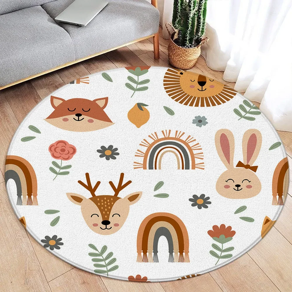 Cartoon Ocean & Jungle Animal Print Round Rug – Cute Fish, Dolphin, Starfish, Deer, Lion, Elephant, Tiger Kids Floor Mat Decor - view 4