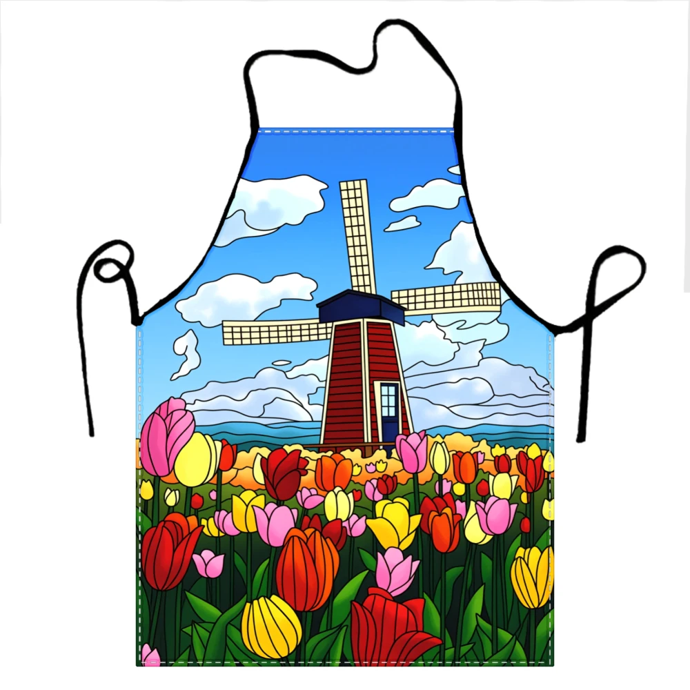 Colorful Tulip Field With Windmill Apron For Cooking And Gardening