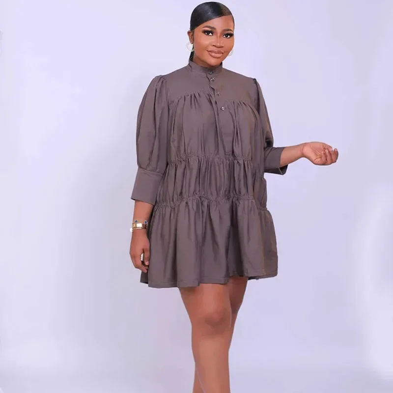 Streetwear Effen Shirt Jurk Met Lange Mouwen Vrouwen Button-Up Stand Kraag Driekwart Mouw Losse Casual Grote Swing Babydoll Jurk