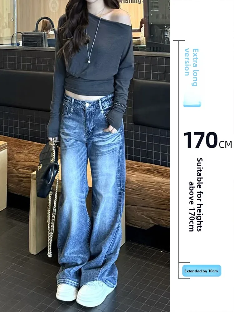 

Retro Blue Craed Denim Jeans Women's Extended Slimming Non-Matching Leg Micro Flared Floor-Length Pants American Sle Worn...