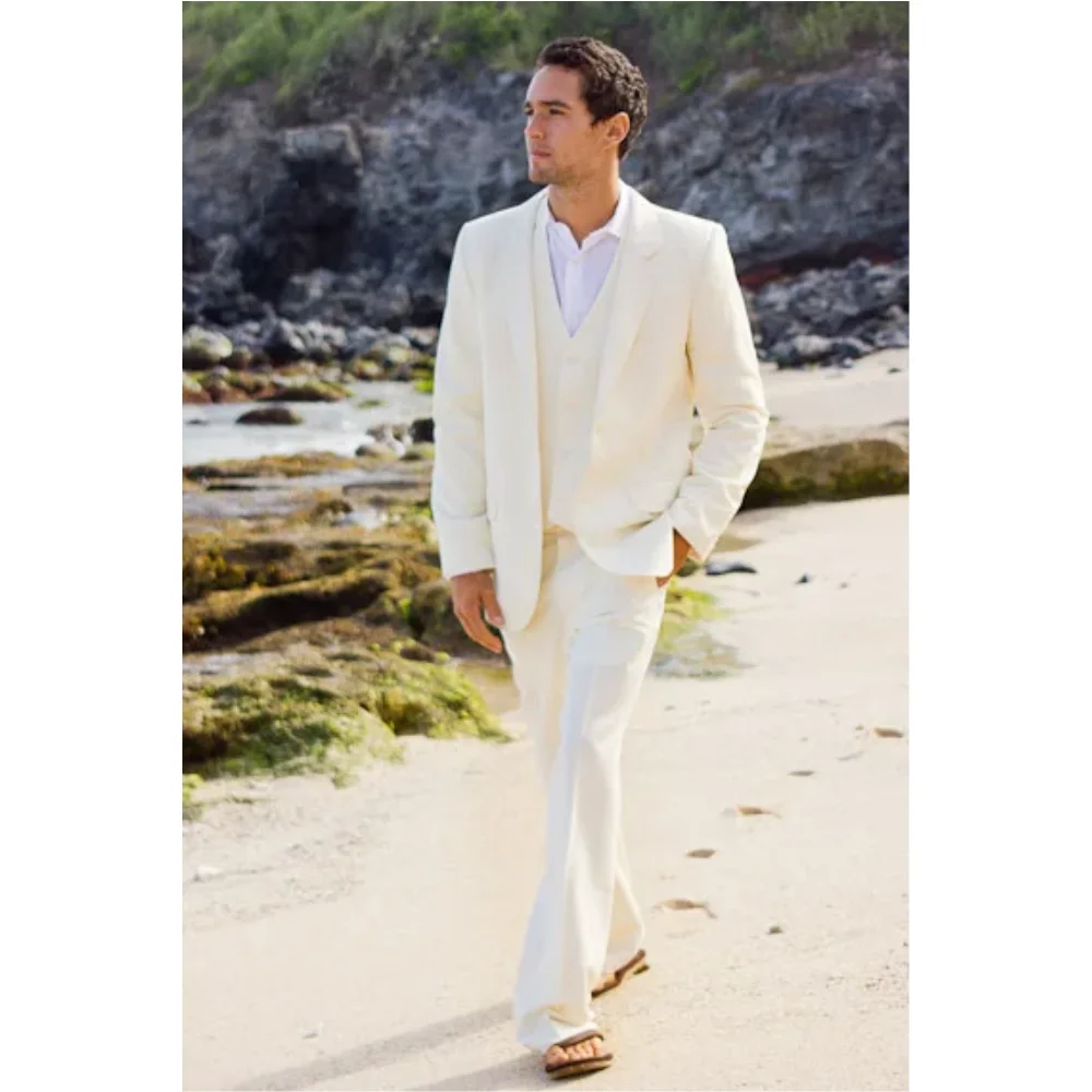 

Ivory White Linen Men Suit Slim Fit 2 Pieces Custom Made Men Tuxedos For Party Prom Wedding Mens Suits (Jacket+Pants+Tie)
