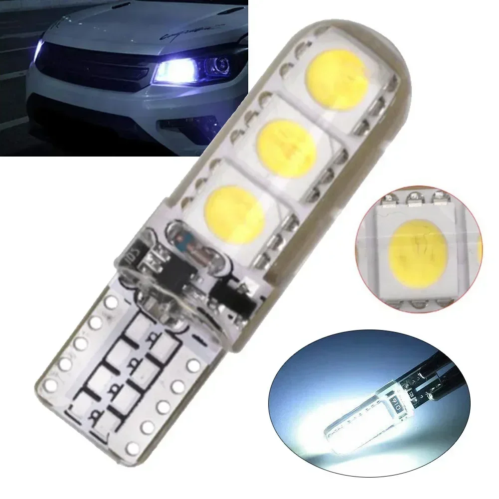 2X W5W Car LED Bulbs White T10 5050 6SMD Side Lamp Wedge COB Canbus Silicone Indicator Trunk License Plate Light Reverse Signal