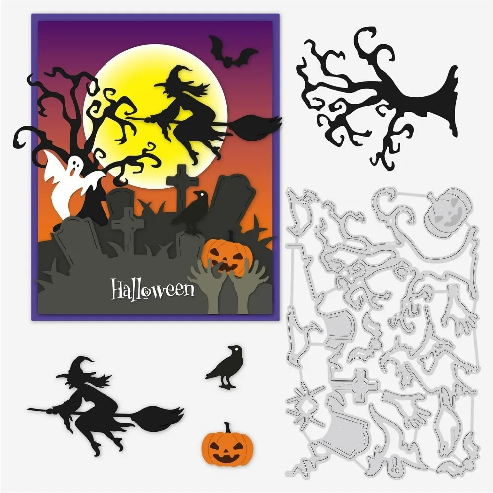 Halloween Theme Cutting Dies, 6.2x4.2 inch Raven Pumpkin Ghost Witch Broom Embossing Dies for Halloween Scrapbook Card Making