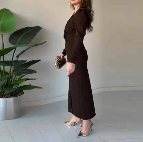 

Autumn New Commuting Women's V-Neck High Waist Split Dress Temperament Female Fashion Elegant Long Sleeve Dresses