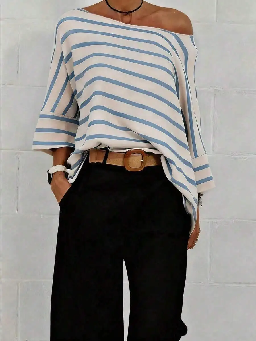 

Womens Casual Striped Batwing Sleeve Asymmetrical Neck Top