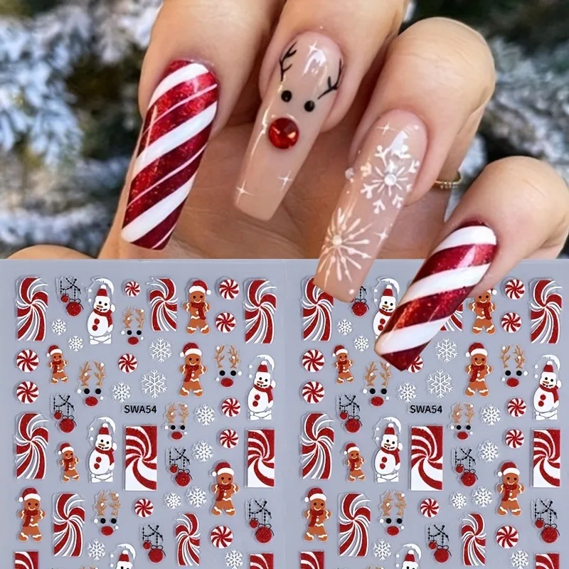2 pçs natal fita vermelha boneco de neve adesivos de unhas, fácil de aplicar para decoração de unhas diy, presentes, festa e estilo de maquiagem de casamento