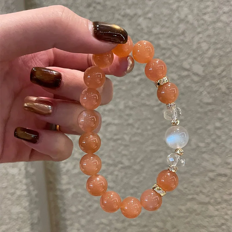 Orange toned natural sun stone bracelet 10-11mm ins style niche bracelet for spring and summer white versatile accessories