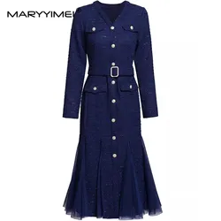 MARYYIMEI Elegant Commuter Solid Color Women's Dress Autumn Winter V-Neck Single-Breasted Lace-UP Slim Dresses