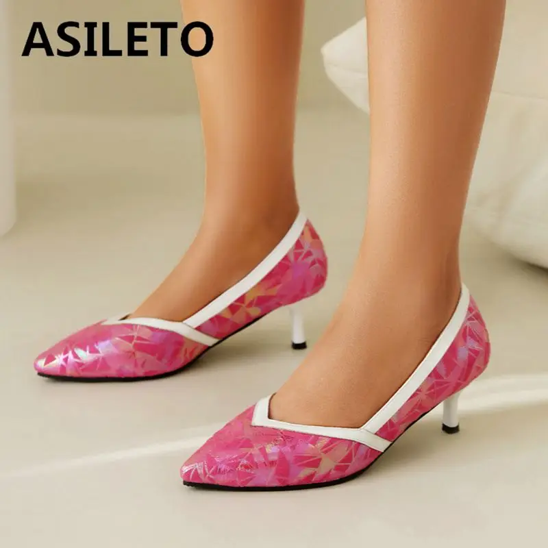 ASILETO New Design Sweet Women Pumps Flock Pointed Toe Thin High Heels Slip On Big Size 42 43 Mixed Color Dating Shoes Spring