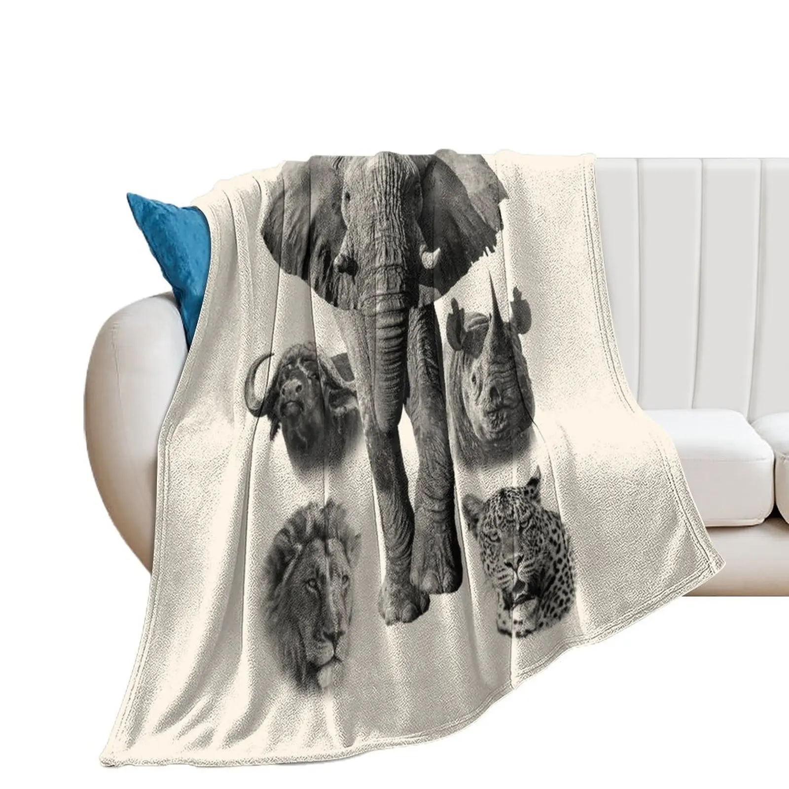 Africa's Iconic Big Five Wildlife Artwork Throw Blanket Luxury Designer Flannel Fabric Blankets