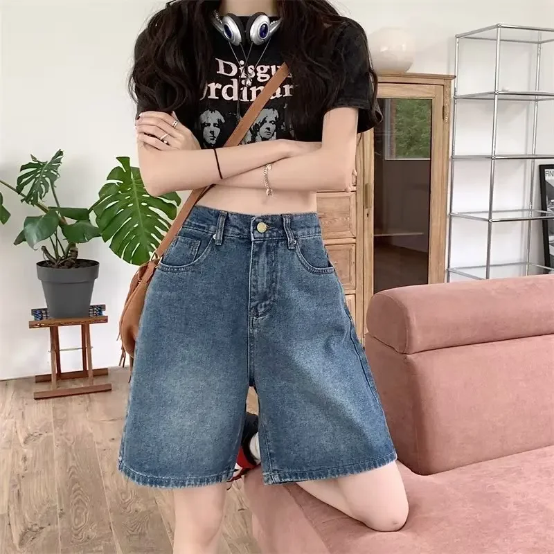 Women's Summer Petite Straight-leg Slimming Jeans Style Vintage Design Sensibility Loose-fit Wide-leg Five-piece Shorts