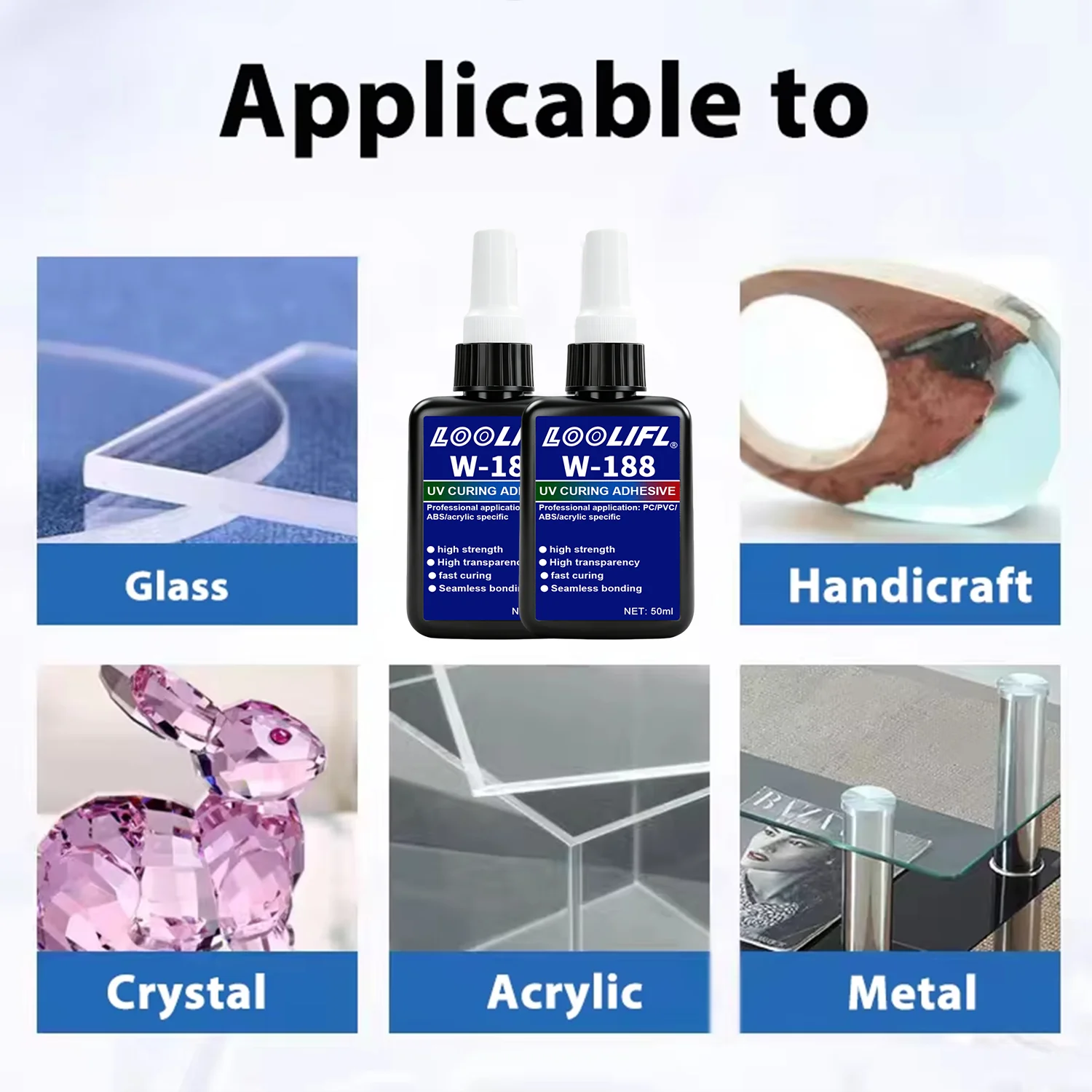 W-183 Neuer starker, hochfester 50ml klarer UV-Harzkleber, UV-härtender Klebstoff für DIY-Kristallhandwerk, Reparatur von Glas, Metall, ABS – Detail 3