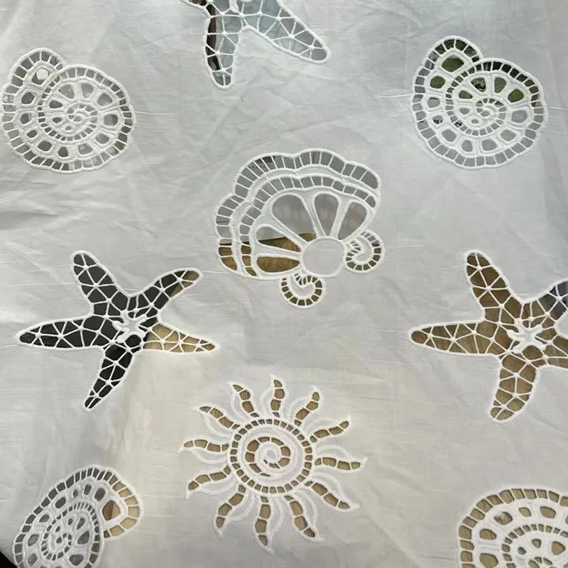 2026 100% Cotton Hollow Out Lace Embroidered Fabric with Shell Pattern for Sewing Dress Clothes DIY Handmade Crafting Cloth