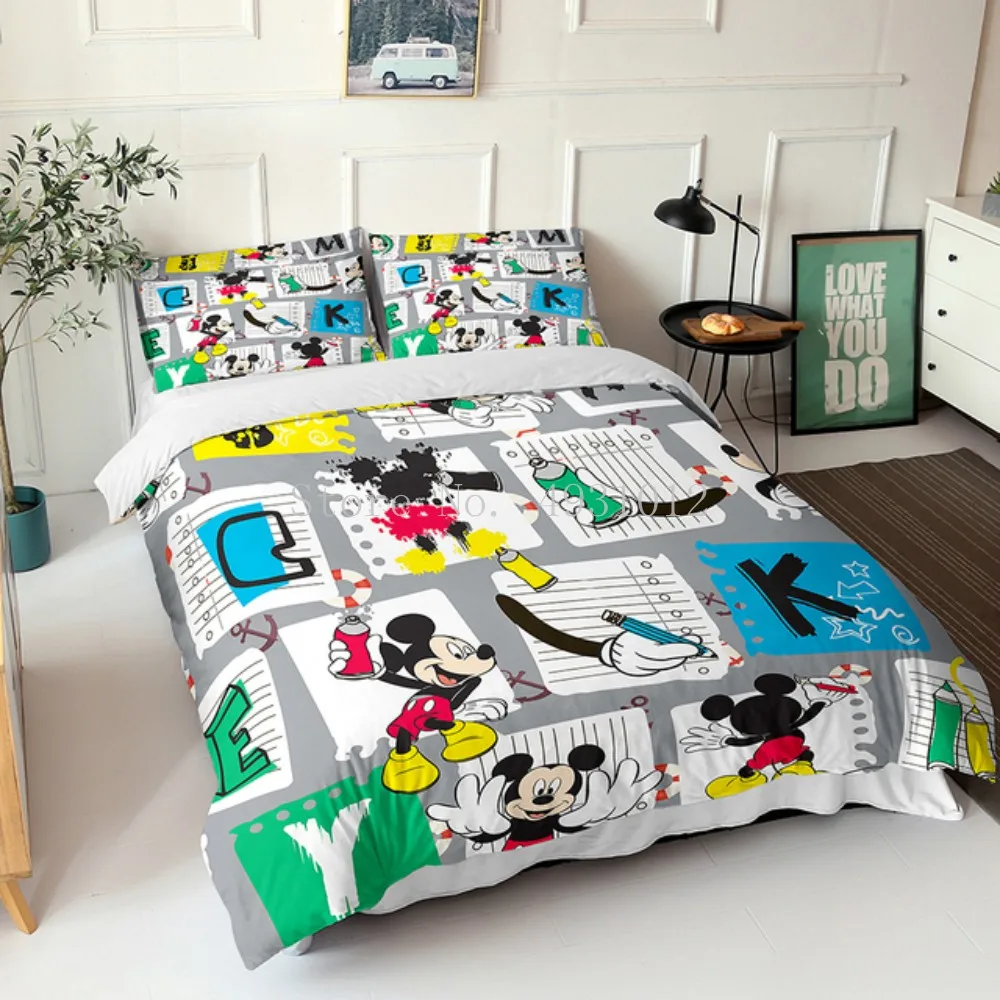 Home Textile Disney Mickey Minnie Mouse Cute Cartoon Color Print Bedding Set Duvet Cover Pillowcase Children Bedroom Decoration