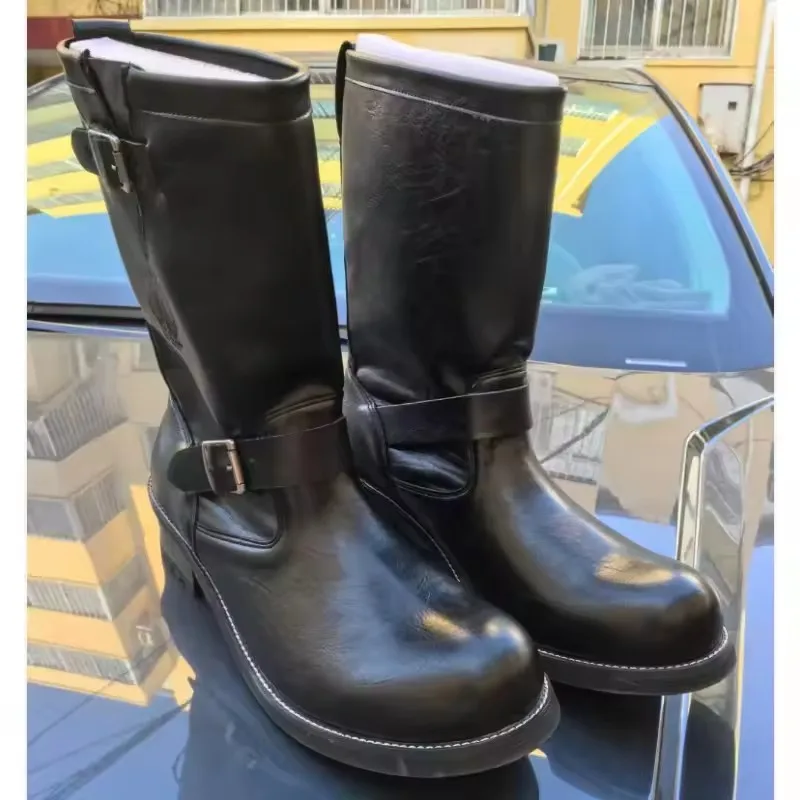 Retro Men's Genuine Leather British Long Chelsae Boots Knee High Buckle Strap Riding Botas Moto Thick Heel Engineer Boots