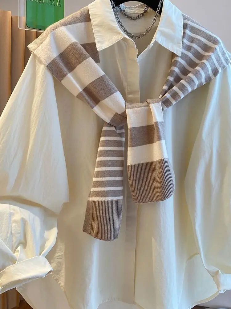 

plus Size Women's Striped Shawl Collar Long Sleeve Shirt Casual Loose Fit Polyester Breathable Comfortable Anti-Wrinkle