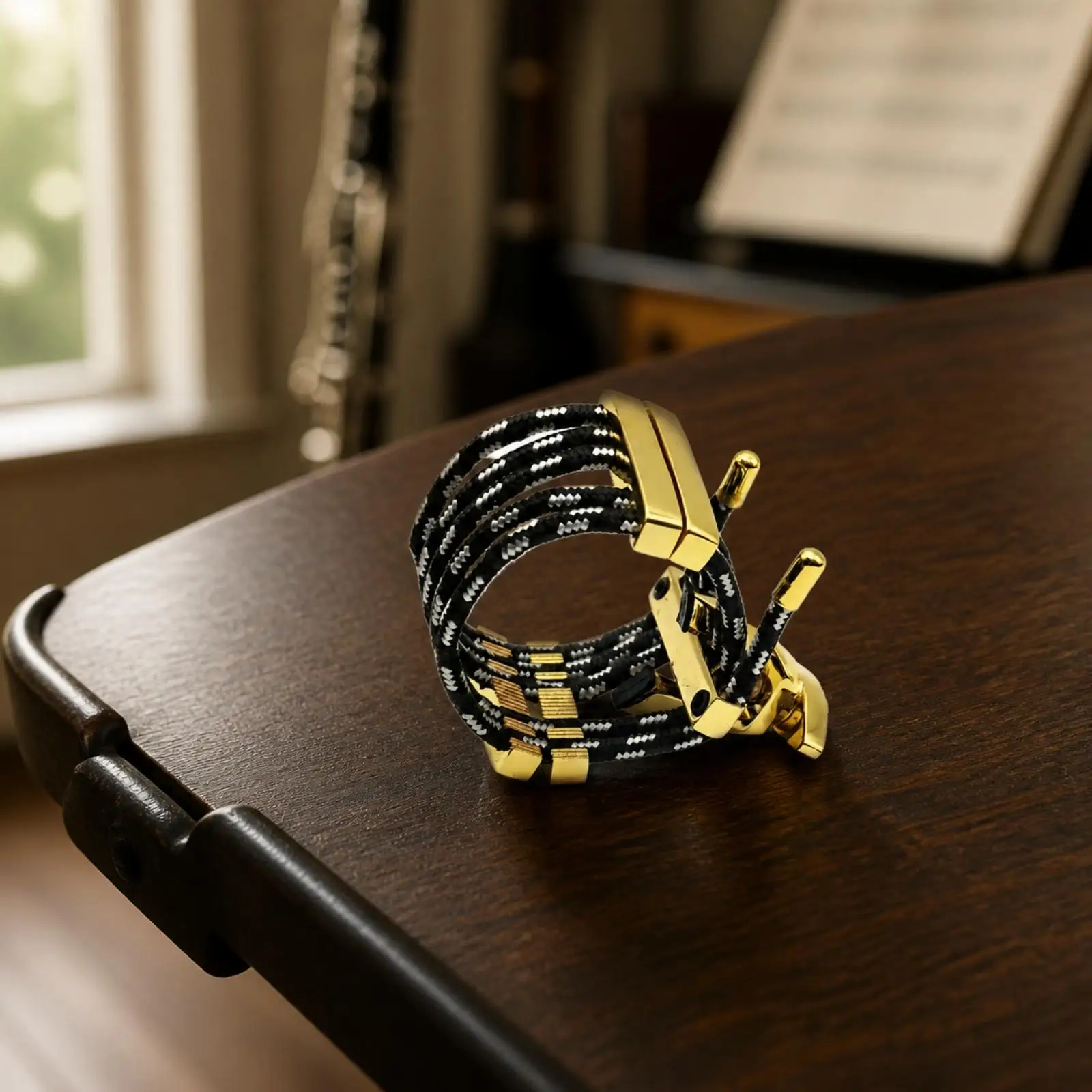 Sax Cord Clip for Mouthpiece Copper Adjustable Ligature with Threaded Screw Knob Braided Dark Cord Secure Hold for Rehearsal