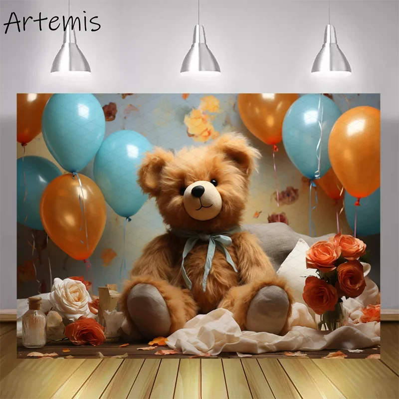 

Newborn Photography Backdrop toy bear balloons teal beige playful Baby Shower Decor Birthday Portrait Background Photo Studio