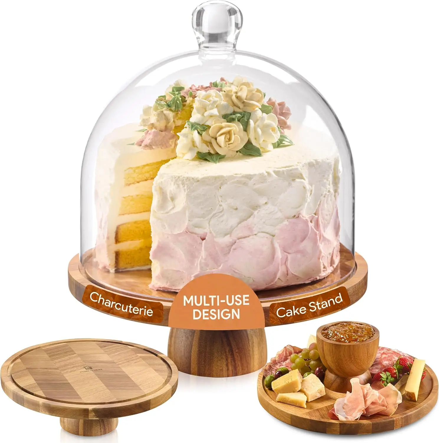 Acacia Wood Cake Stand with High Dome Lid, 12 Inch Round Cake Holder with Tall Acrylic Cloche Cover, 2-in-1 Dessert Display and Charcuterie Board, Glass-Free