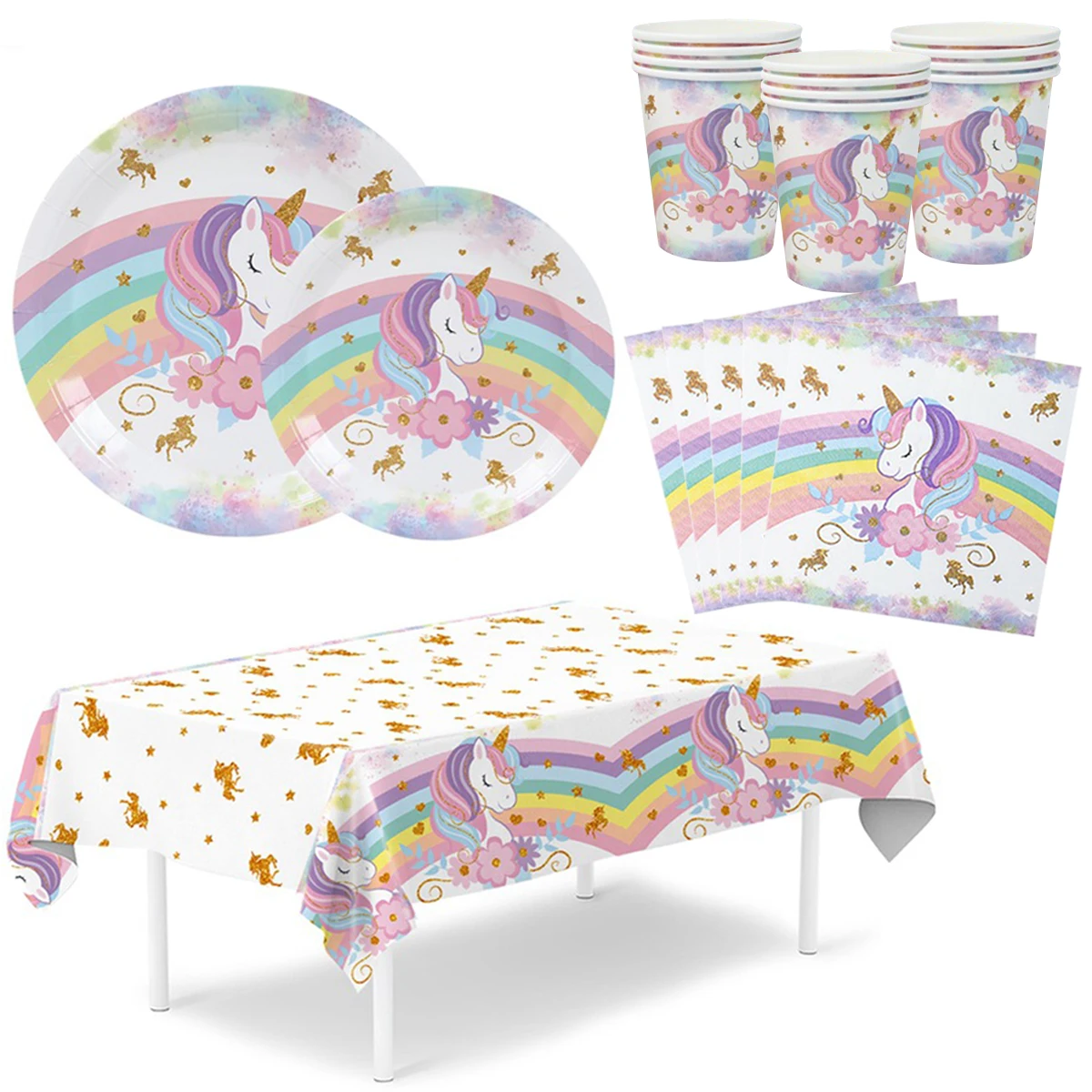 Rainbow Unicorn Party Supplies Disposable Tableware Set Tablecloth Plates Cups Napkins for Wedding Birthday Baby Shower Decor
