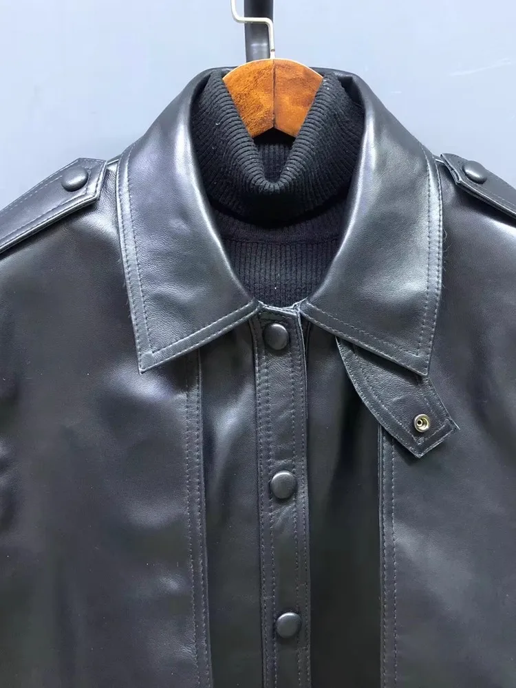 Frühling Herbst Retro Einreiher Gürtel Frauen Jacke Tasche Turndown Kragen Mantel Arbeit Dame Slim Fit Echt Schaffell Windjacke