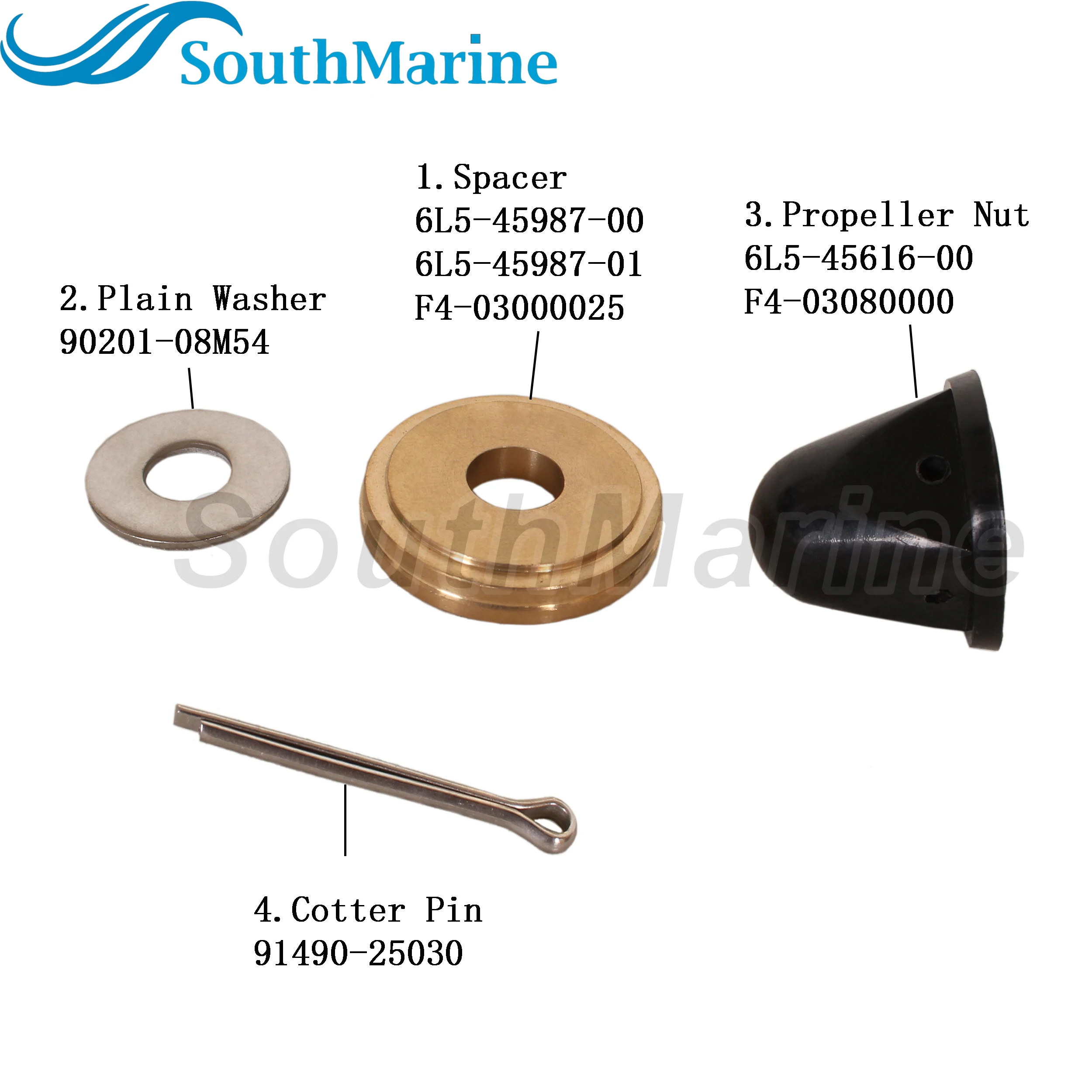 Boat Motor 6L5-45987-00/01 Propeller Spacer, 6L5-45616-00 F4-03080000 Nut, 90201-08M54 Washer, 91490-25030 Pin for Yamaha 4-6HP