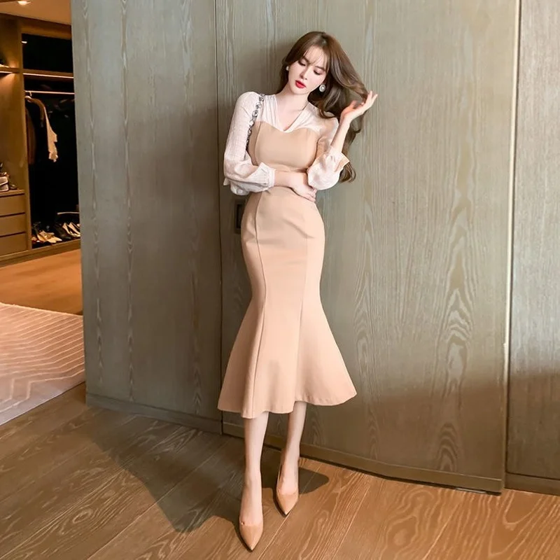 

Korean Fashion Elegant Package Hip Fishtail Dress V-neck Patchwork Long Sleeve Robe 2024 Spring New OL Trumpet Vestidos Mujer