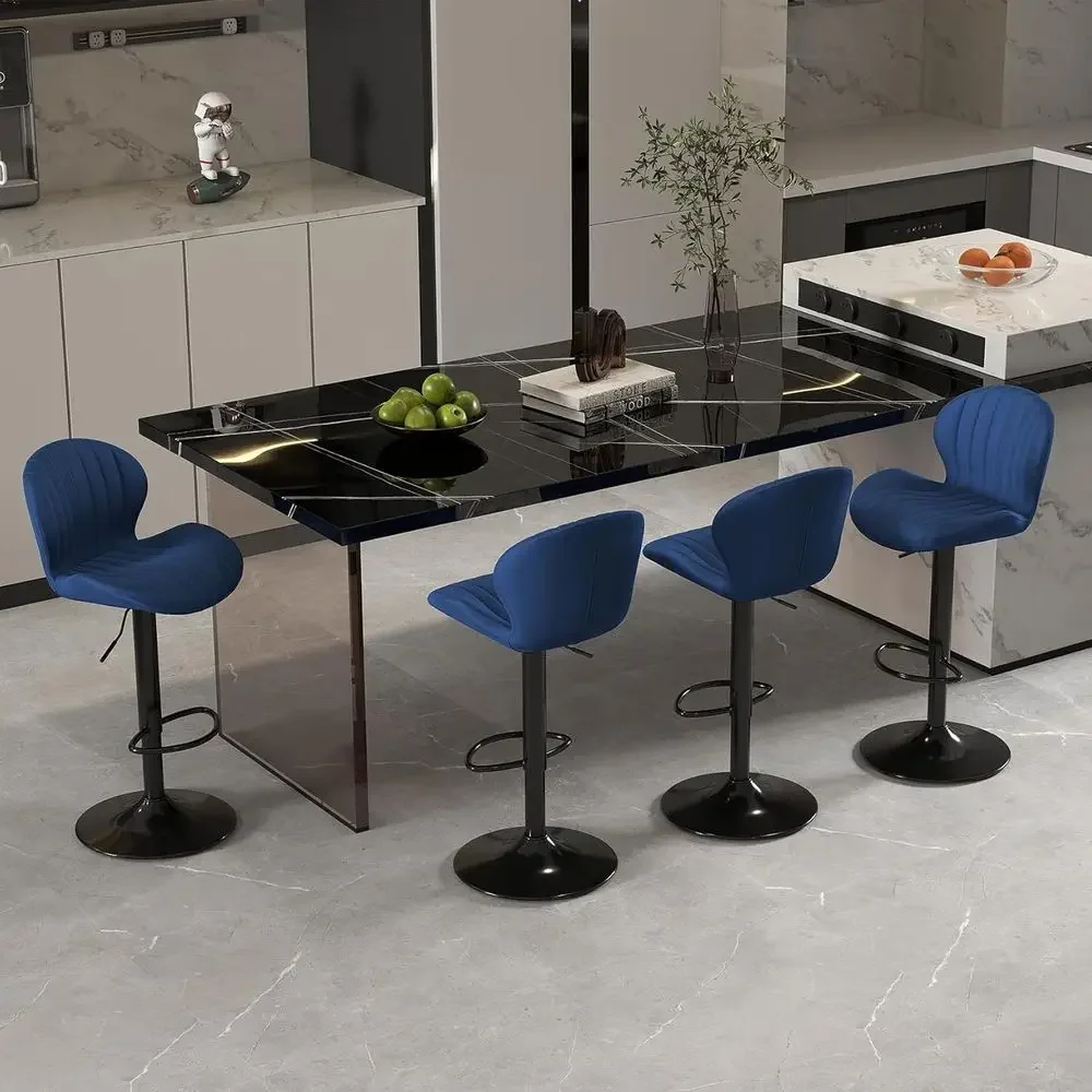 

Set of 4 Velvet Swivel Bar Stools with Adjustable Height, Armrests, and Footrest, Blue