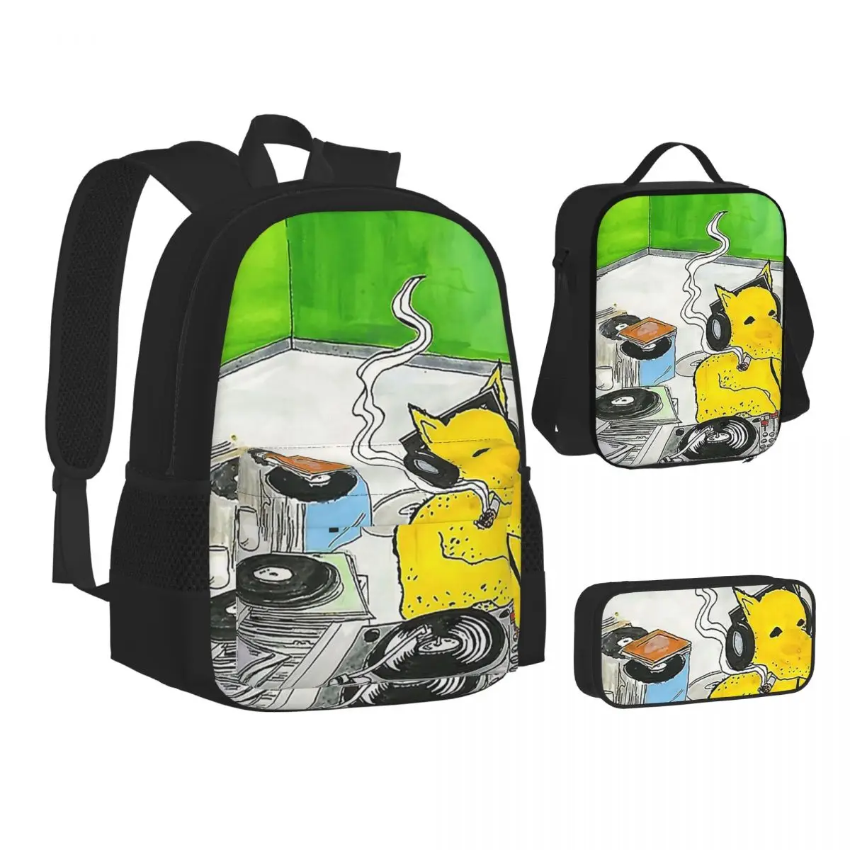Quasimoto DJ Backpacks Boys Girls Bookbag Students School Bags Kids Rucksack Lunch Bag Pen Bag Three-Piece Set