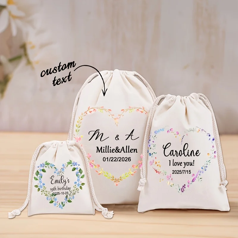 

Personalized Floral Watercolor Gift Bag with Custom Name/Text - Canvas Drawstring Bag Suitable for Him Hersuitable for Weddings