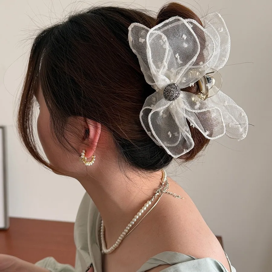 

Polka Dot Bow Hair Claw Clip French Vintage Updo Shark Clip for Women Back Head Half Up Daily Elegant Black