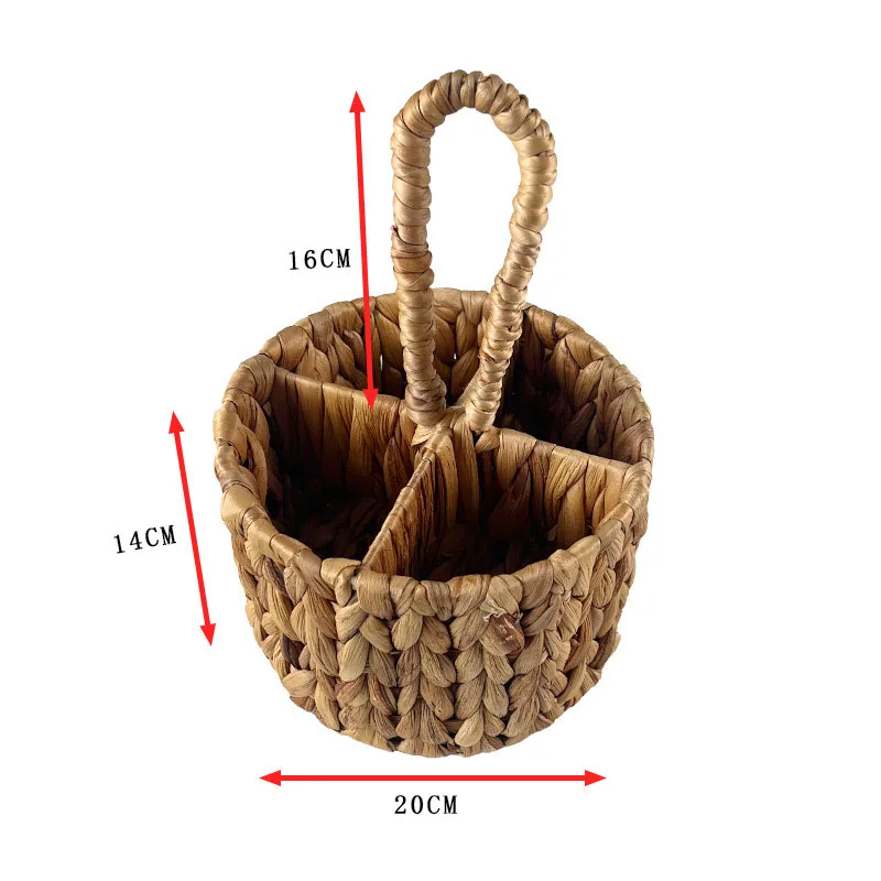 Wicker Flatware Organizer, Hand Woven Water Hyacinth Cutlery Holder for Countertop with Handle