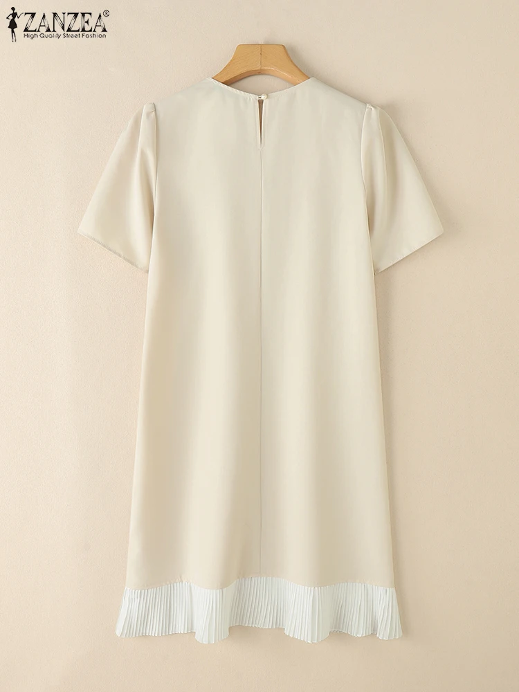 Zanzea feminino elegante vestido de festa 2026 verão vestido de verão manga curta vestido plissado casual trabalho retalhos vestidos na altura do joelho robe