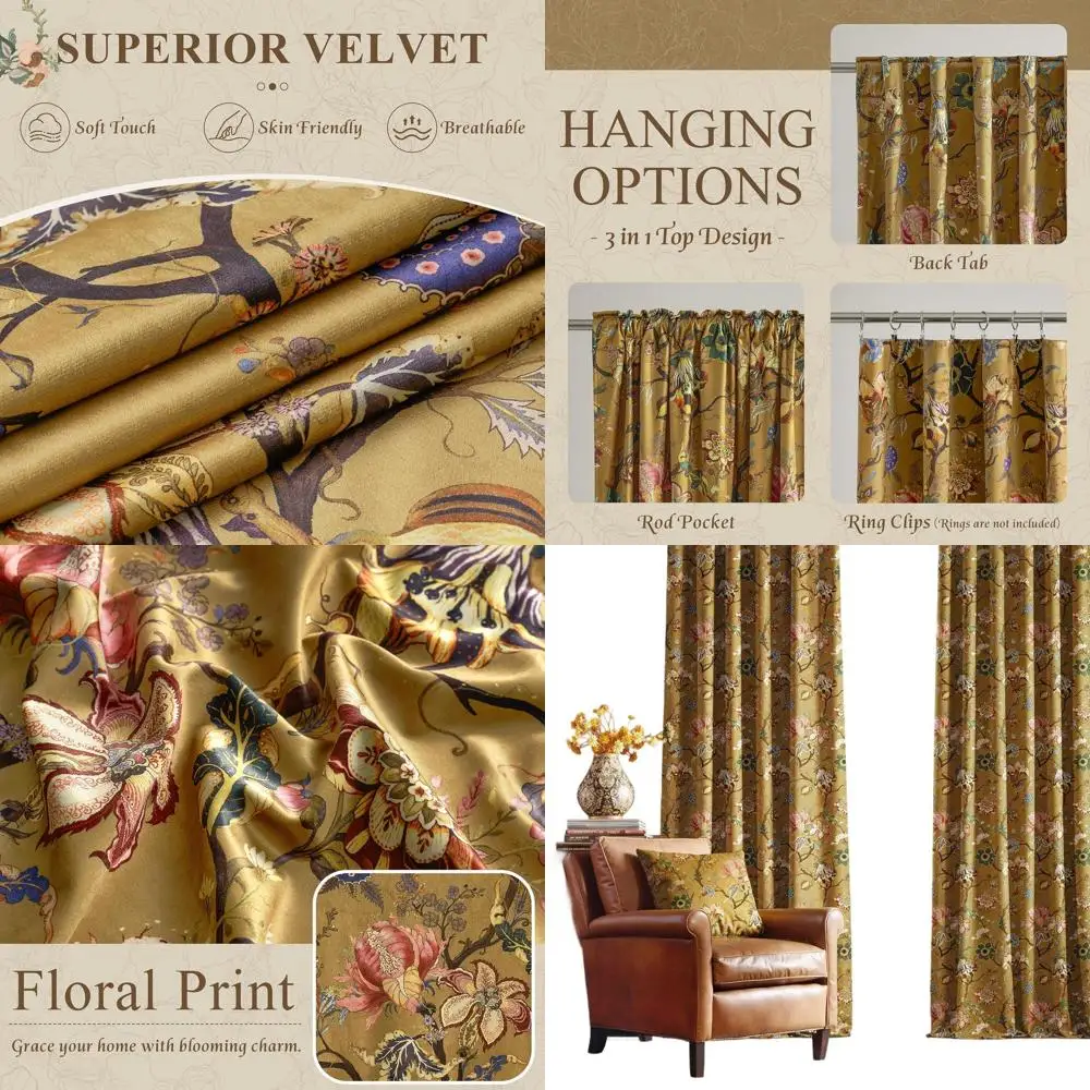 

Элегантные бархатные шторы с ботаническим принтом 84 для гостиной, осенние шторы в викторианском стиле, 52 x 84 л, набор из 2 шт.