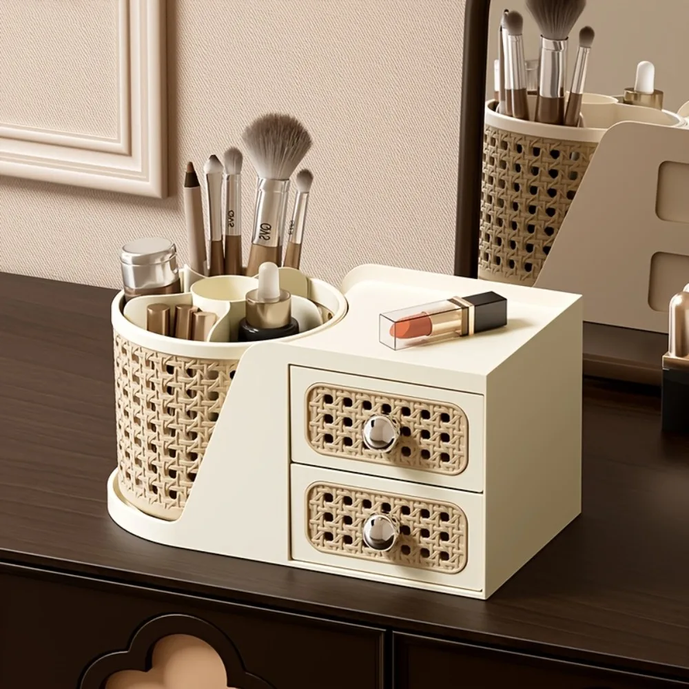 Mid-Century Modern Desk Organizer with Drawers Rattan Style Cosmetic Makeup Brush Holder for Office Home Vanity Storage Box 1pc