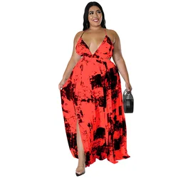 New Fashion Tie Dye Print Sleeveless Sling Deep V Neck Long Dress Summer Plus Size Casual Women's XL-5XL Dress