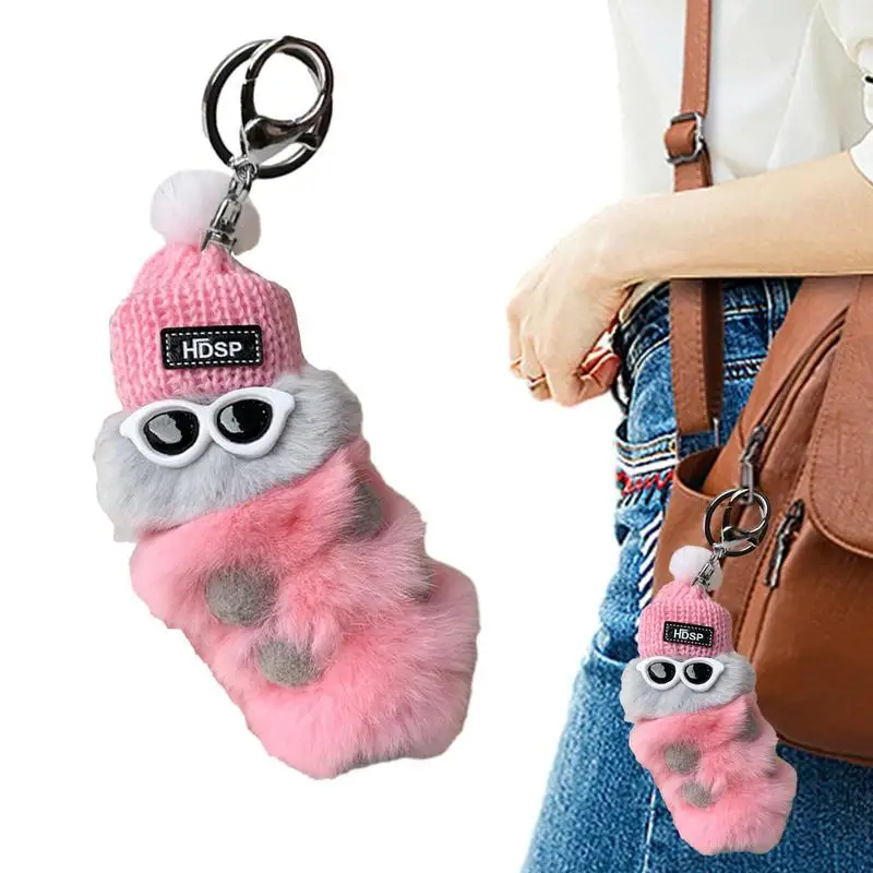 Rex Rabbit Fur Keychain Fluffy Caterpillar Pompom Keyring with Sunglasses and Winter Knit Hat Cute Key Chain for Bag Purse Car