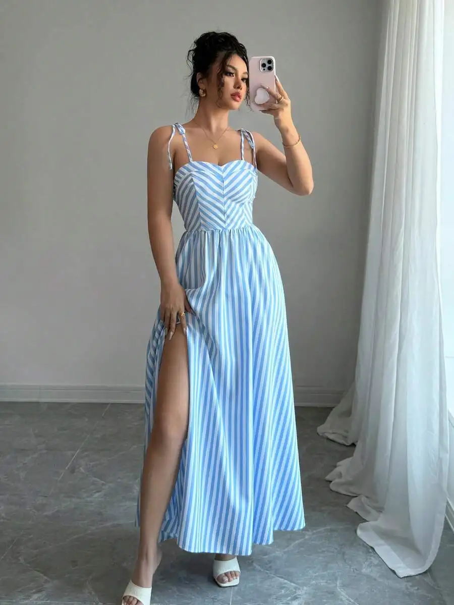 

Women Casual Elegant Vacation Blue Striped Spaghetti Strap Tie-Front High Slit Maxi Dress