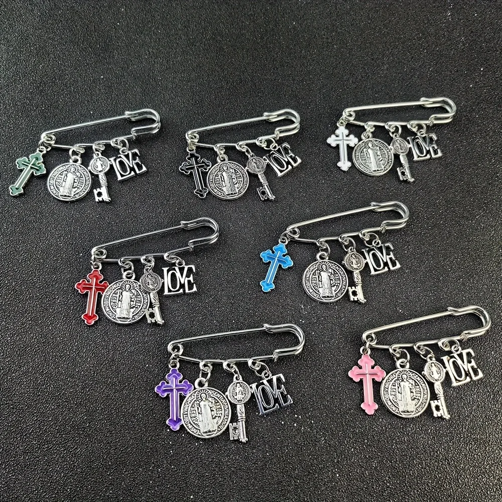 Religious Safety Pin Brooch with St Benedict Medal Enamel Cross LOVE Key Charms, Baptism First Communion Gift Lapel Pin