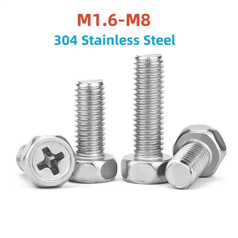 M1.6 M2 M2.5 M3 M4 M5 M6 M8 304 Stainless Steel Cross Recessed External Hexagon Head Screw Cross Hex Head Phillips Bolts